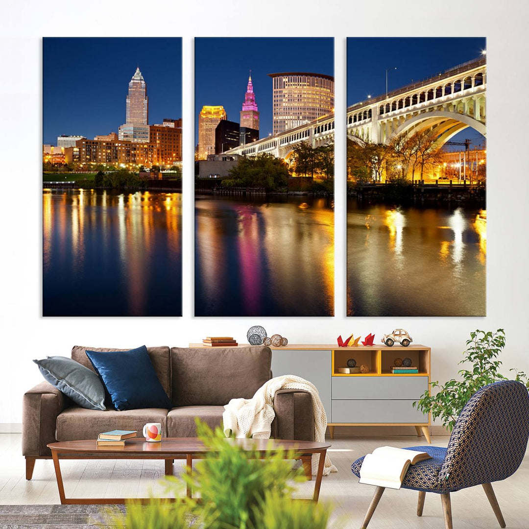 Cleveland Night Skyline Canvas: Cityscape with an illuminated bridge reflecting on calm water.