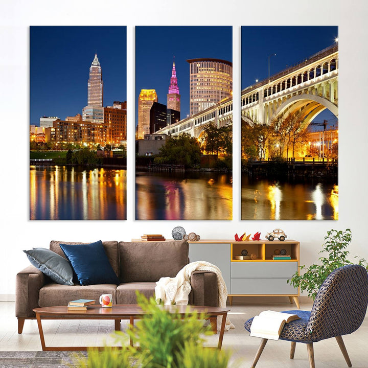 The Cleveland City Lights Canvas showcases a lit-up bridge and cityscape at night.