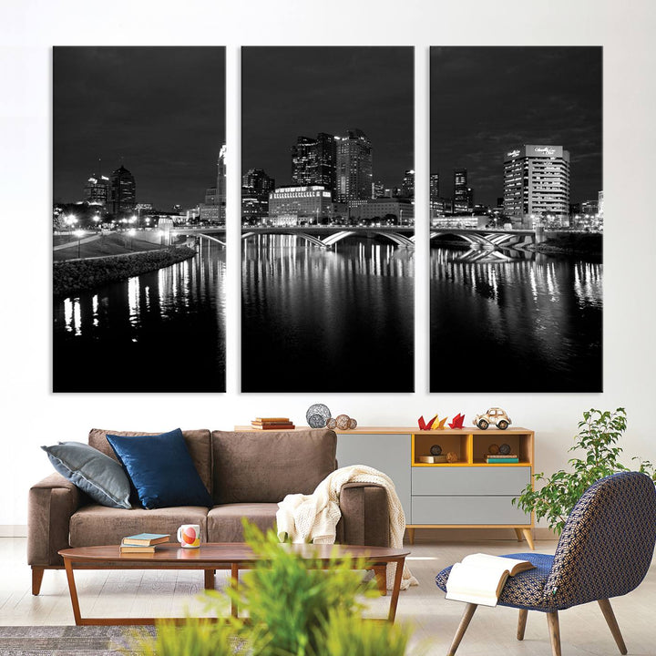 Columbus City Lights Skyline canvas print in black and white, featuring museum-quality craftsmanship and free shipping.