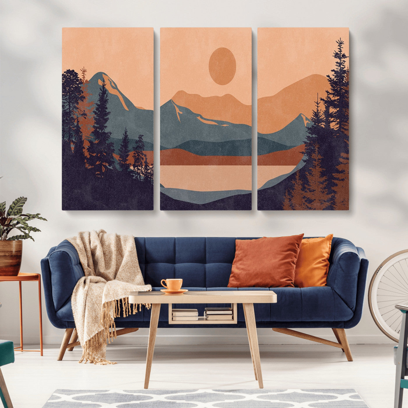 MGV-CV-48X32-3P - Modern Boho Sunset Canvas Print, Mountain Landscape Triptych – Giclée Canvas Art Print for Living