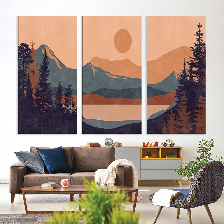 The Modern Boho Sunset Triptych displays a mountain sunset.