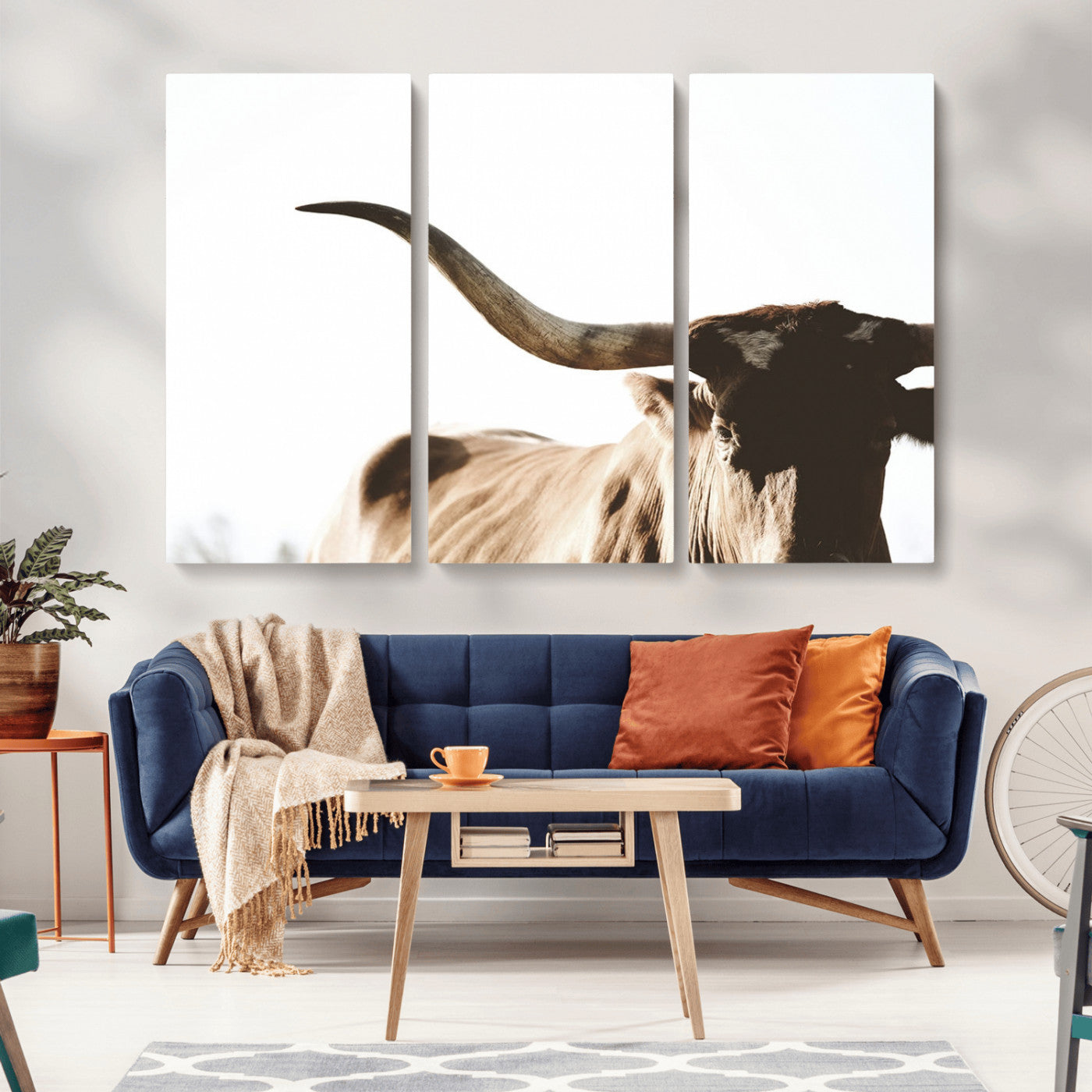 MGV-CV-48X32-3P - Texas Longhorn Wall Art Canvas Print | 3-Panel Large Longhorn Canvas Print for Living Room, Framed Gallery Wrap Office, Rustic Western Cowboy Decor
