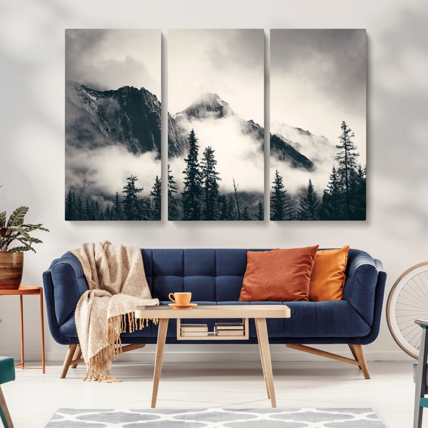 MGV-CV-48X32-3P - Large Foggy Mountain Forest Wall Art Canvas Print | Misty Mountain Peaks and Pine Trees Print | Framed Gallery Wrap | Rustic Nature Farmhouse Decor