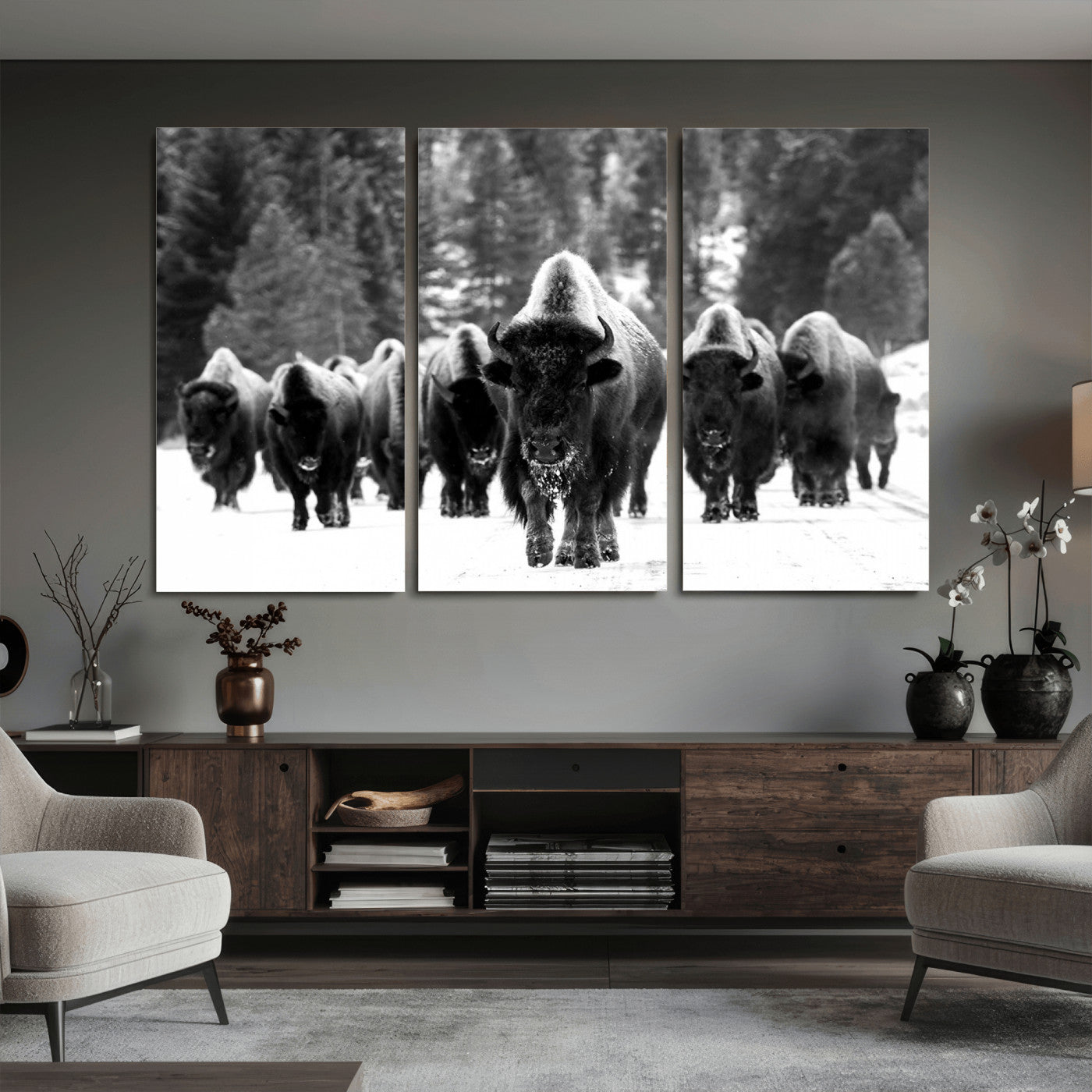 62434-MGV-CV-36X24 - Bison Herd in Snow Wall Art Canvas Print | Rustic Western Bison Wall Art for Decor for Living Room