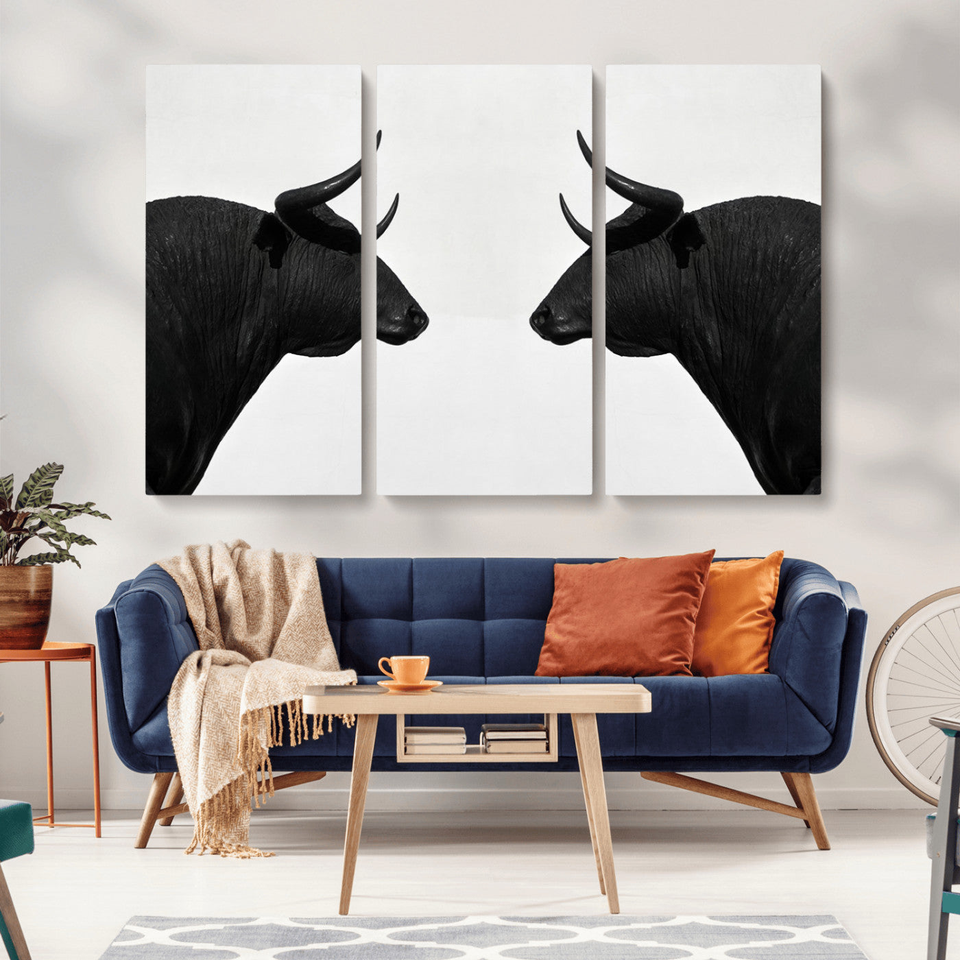 -Spanish Bull Art - Framed Black and White Bull Canvas Print for Modern Rustic Home or Office Decor
