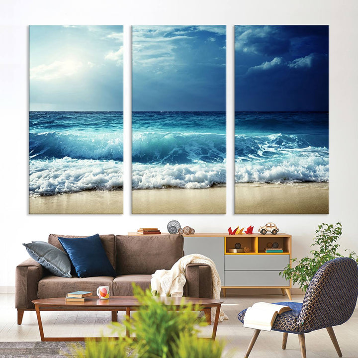 The Majestic Ocean Wave Wall Art Canvas, a 3-panel seascape print, is featured prominently.