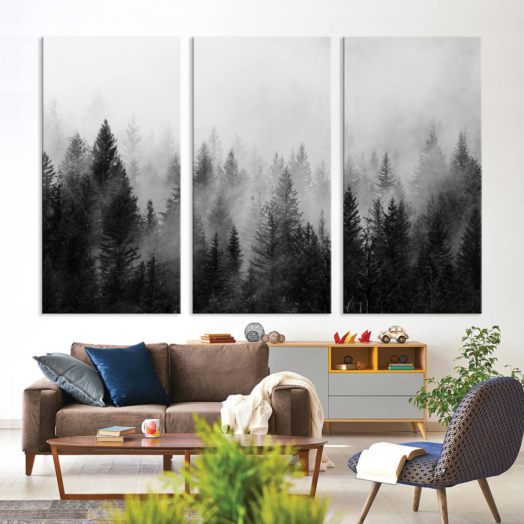 Fogy Forest Canvas Art features misty pines and a mountain landscape.