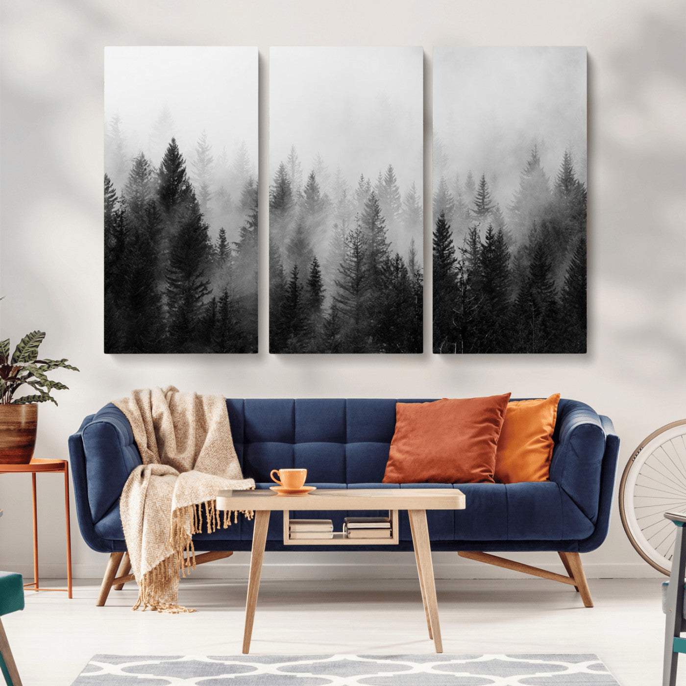MGV-CV-48X32-3P - Foggy Black and White Forest Wall Art, 3 Panel Misty Pine Trees Canvas Print for Living Room, Office, or Bedroom, Nature-Inspired Woodland Wall Decor