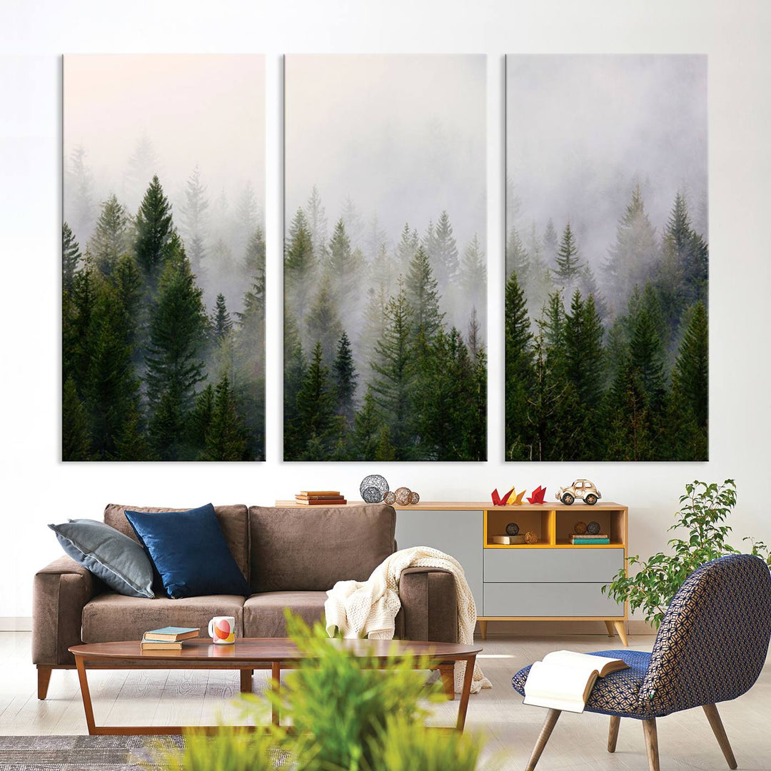 A serene, foggy evergreen forest creates a mysterious atmosphere, ideal for premium canvas wall art.