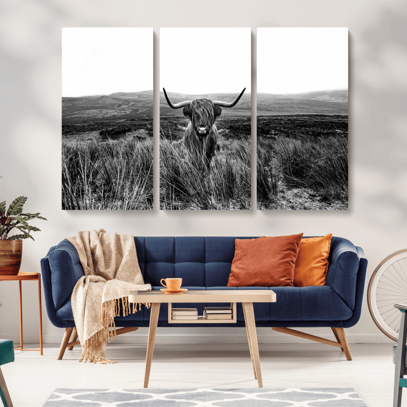 MGV-CV-48X32-3P - Black and White Highland Cow Canvas Wall Art, Longhorn Triptych Western Wall Decor for Cabin -