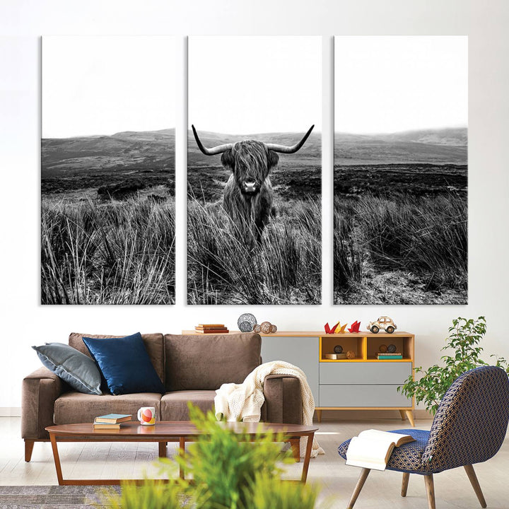 Dining room featuring a Black and White Highland Cow Canvas for a Western-themed decor.