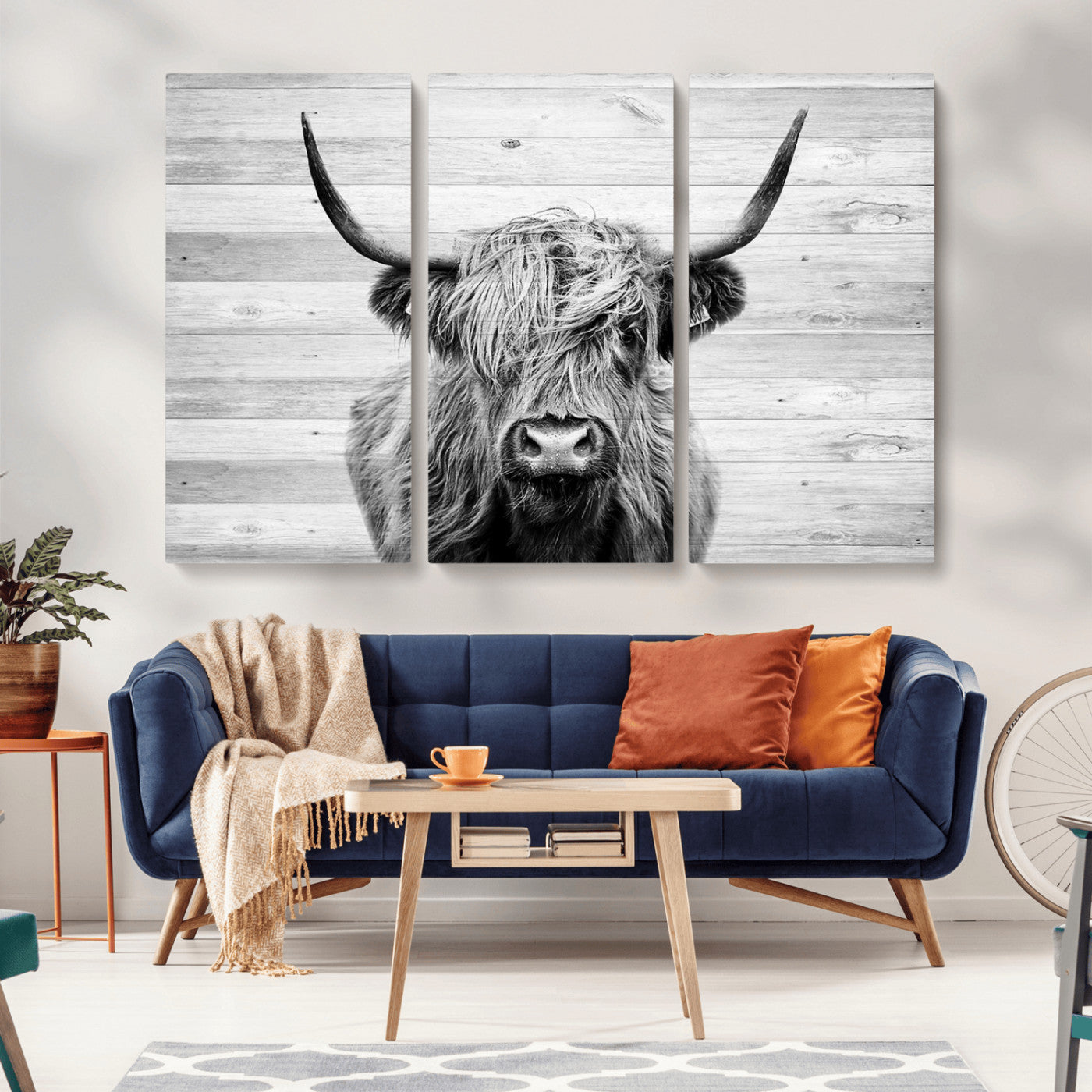 MGV-CV-48X32-3P - Scottish Highland Cow Cattle Art Print on Wood Background Style