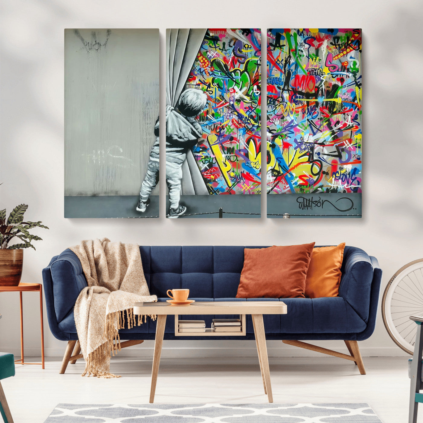 MGV-CV-48X32-3P - Banksy Colorful Street Graffiti Canvas Wall Art Print, Modern Art Triptych, Child and Graffiti Wall, Urban Art for Home or Office Decor