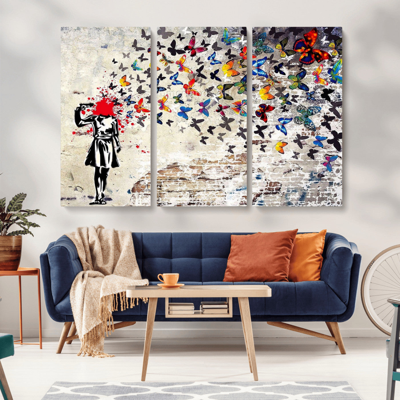 MGV-CV-48X32-3P - Banksy Art Butterfly Girl Explosion Canvas Art – Vibrant Urban Graffiti for Modern Interiors - Ready to Hang