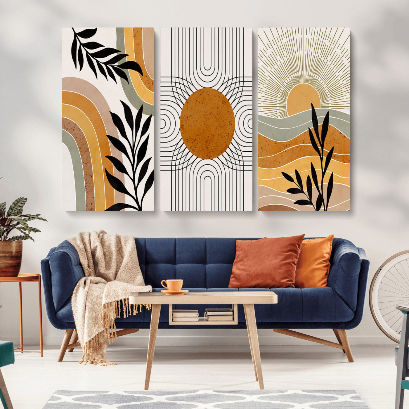 MGV-CV-48X32-3P - Modern Boho Sun and Leaf Abstract Art – 3-Panel Giclée Canvas for Mid-Century Modern or Bohemian