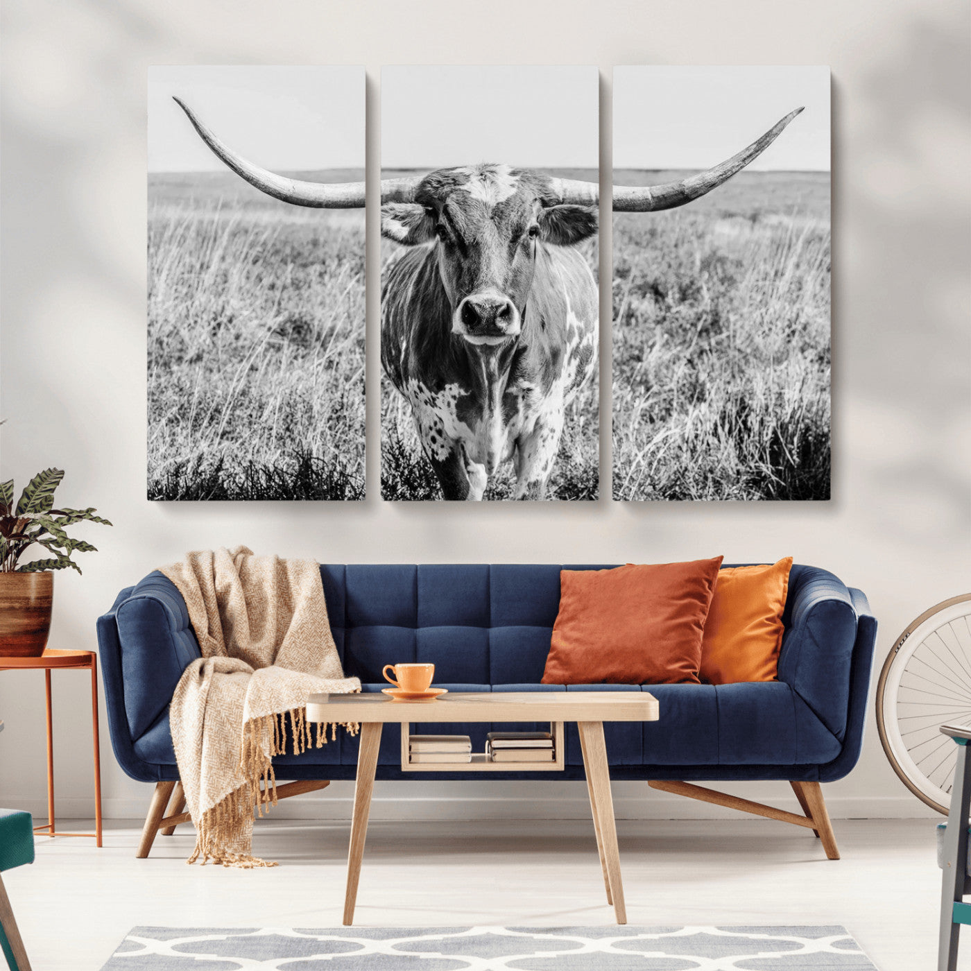 MGV-CV-48X32-3P - Texas Cow Longhorn Wall Art Canvas Print for Farm House Wall Decor, Farmhouse Wall Art Print