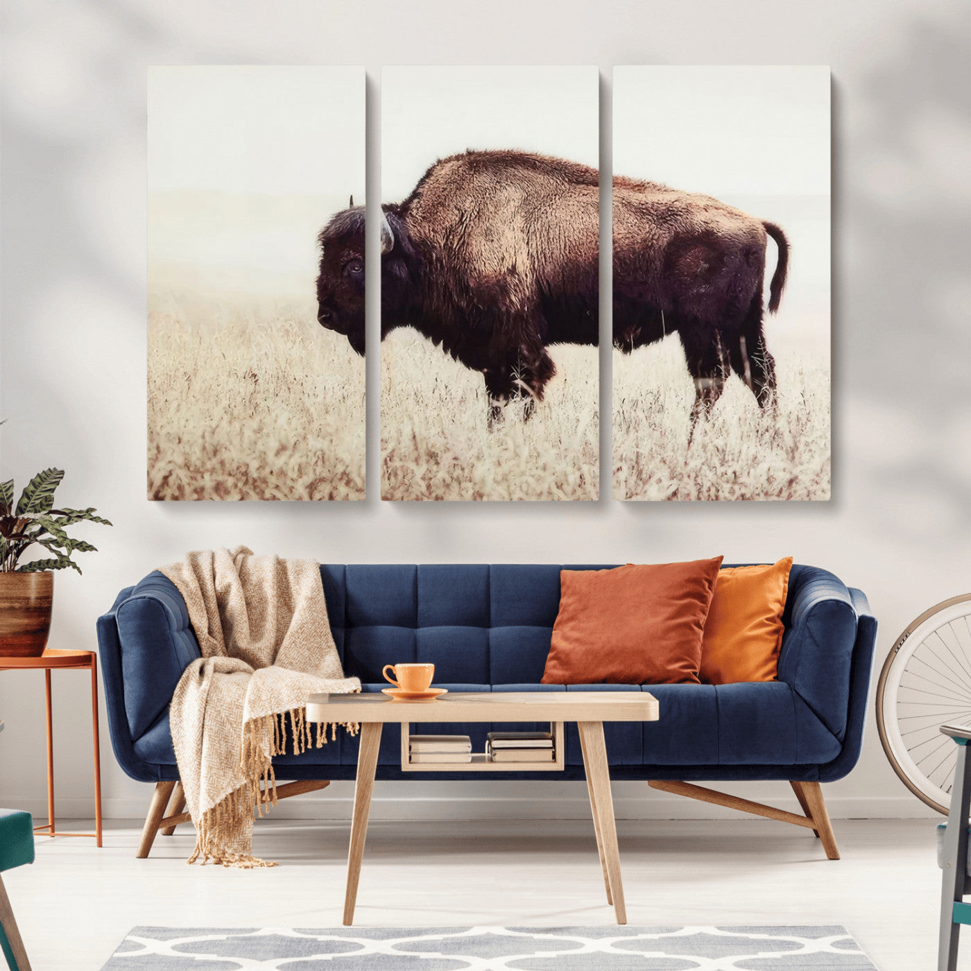 MGV-CV-48X32-3P - Bison in Field Wall Art Canvas Print For Farmhouse Barn Decor