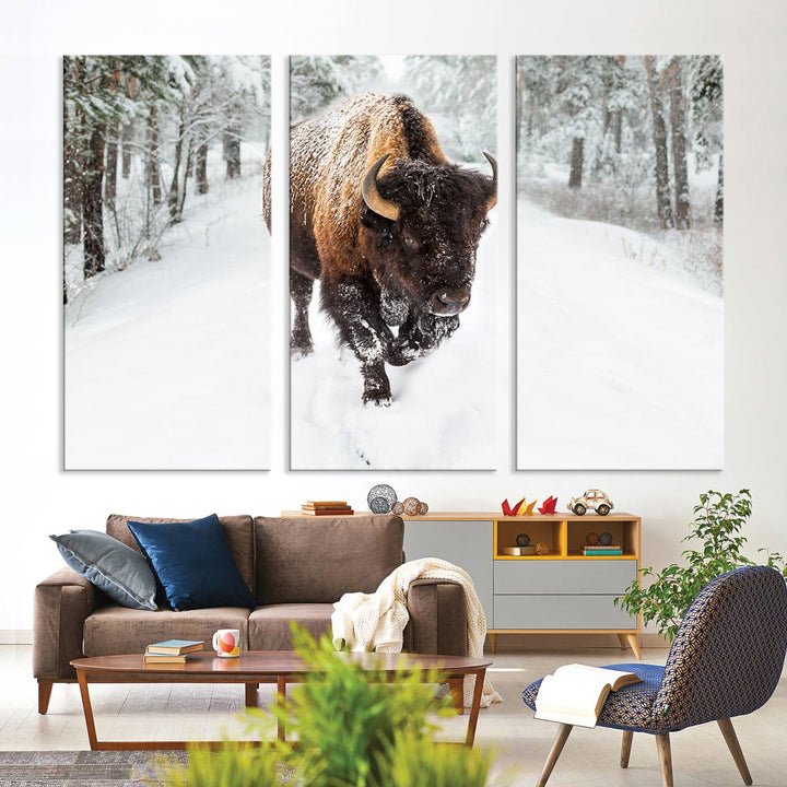 The dining area showcases the Bison Wall Art Canvas Print for Farmhouse.