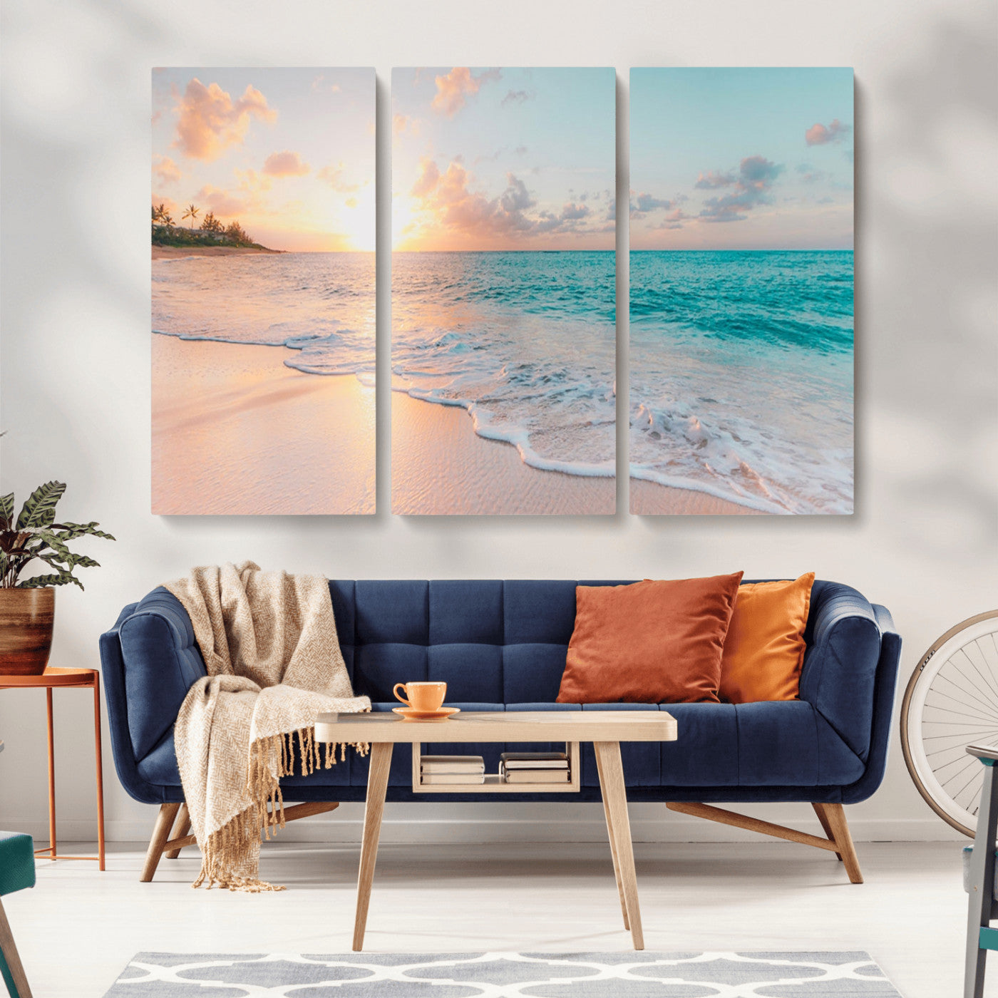 MGV-CV-48X32-3P - Beach Sunrise Wall Art, Coastal Seascape Canvas Print, Ocean Wave Multi-Panel Giclee, Coastal Sunset Beach Scene for Modern Decor