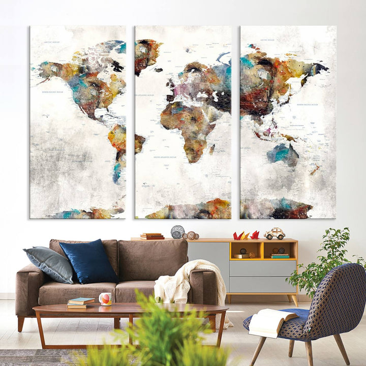 The Colorful World Map Wall Art Canvas Print adds vibrance to the space, ideal for geography lovers.