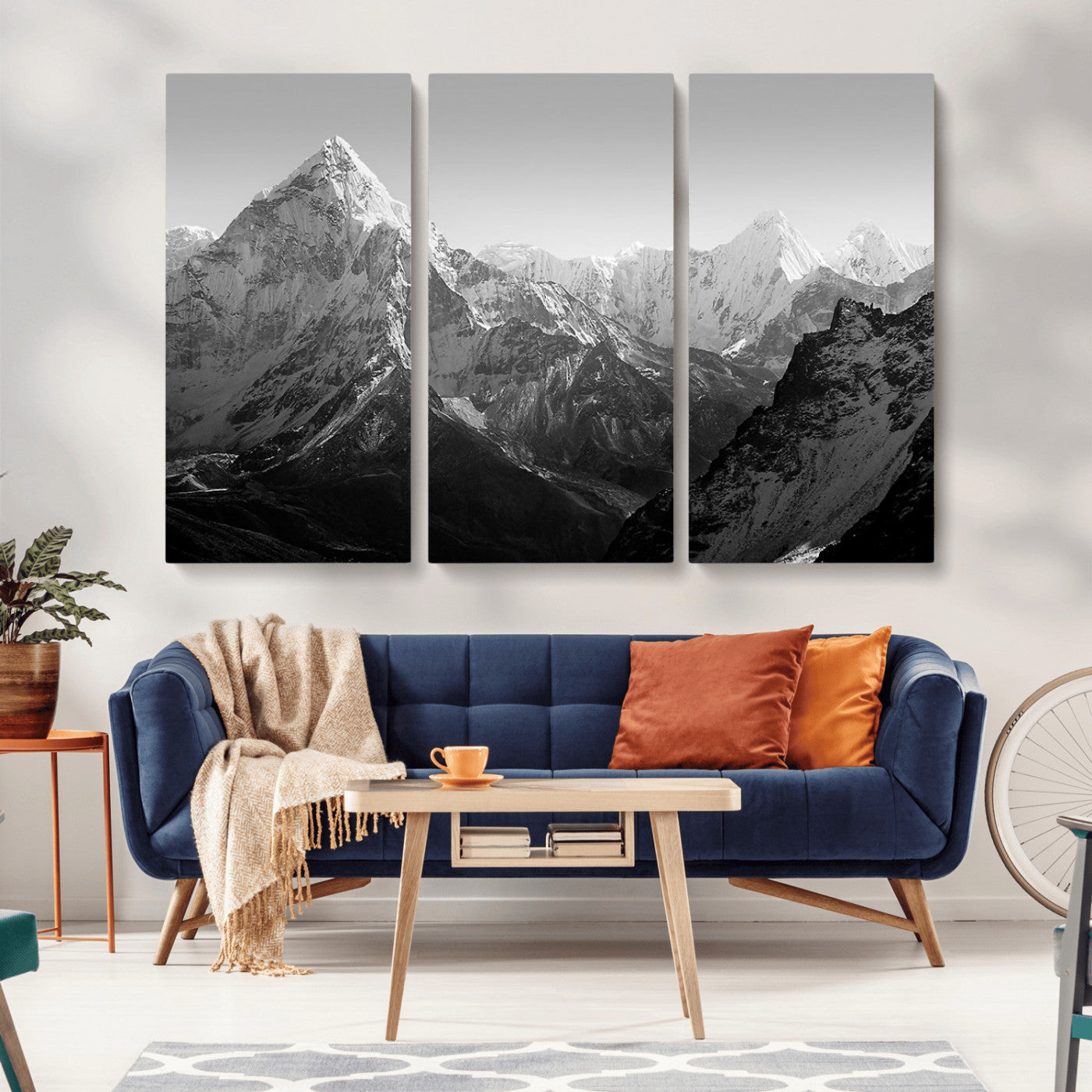 MGV-CV-48X32-3P - Everest Himalaya Mountain Peaks Black & White Triptych Canvas Art – Mountain Wall Decor for Minimalist Interiors