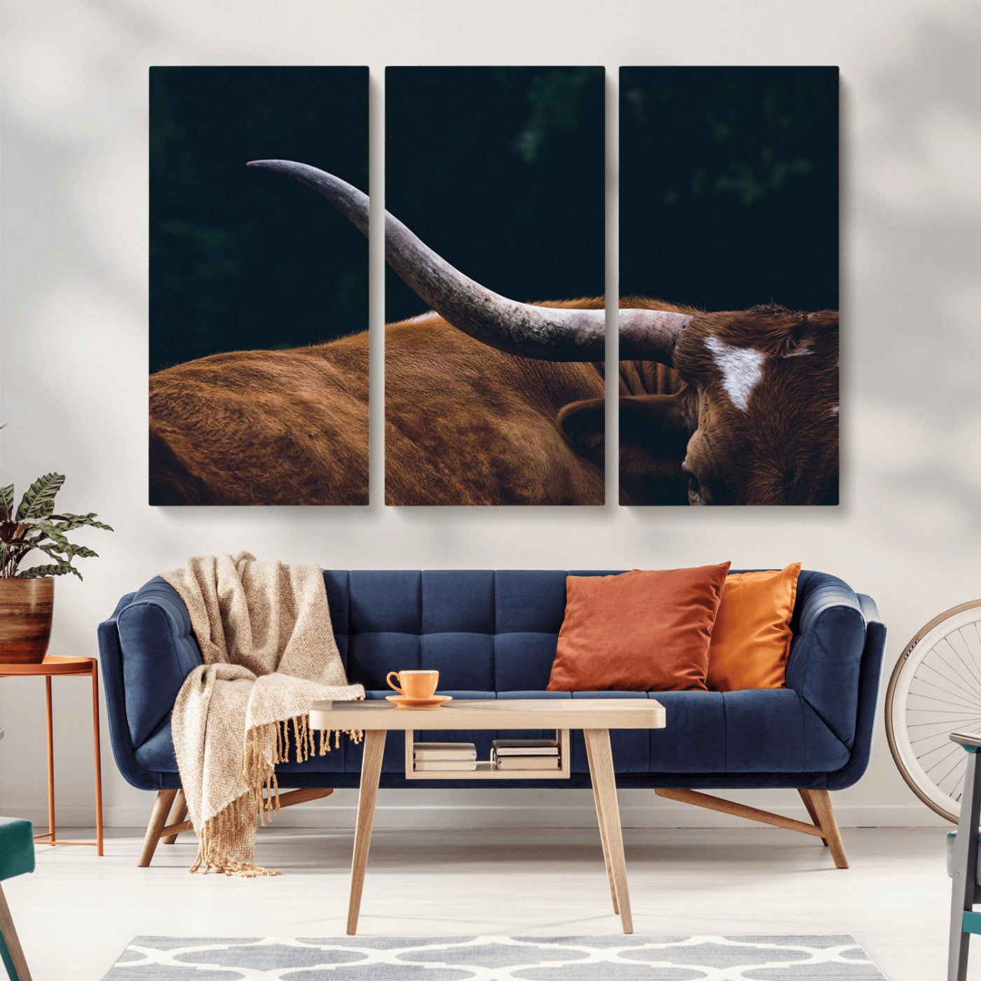MGV-CV-48X32-3P - Texas Longhorn Bull Wall Art Canvas Print - Large Framed Canvas Wall Art, Animal Print for Rustic Home or Office Décor, Farmhouse Cabin Wall Decor