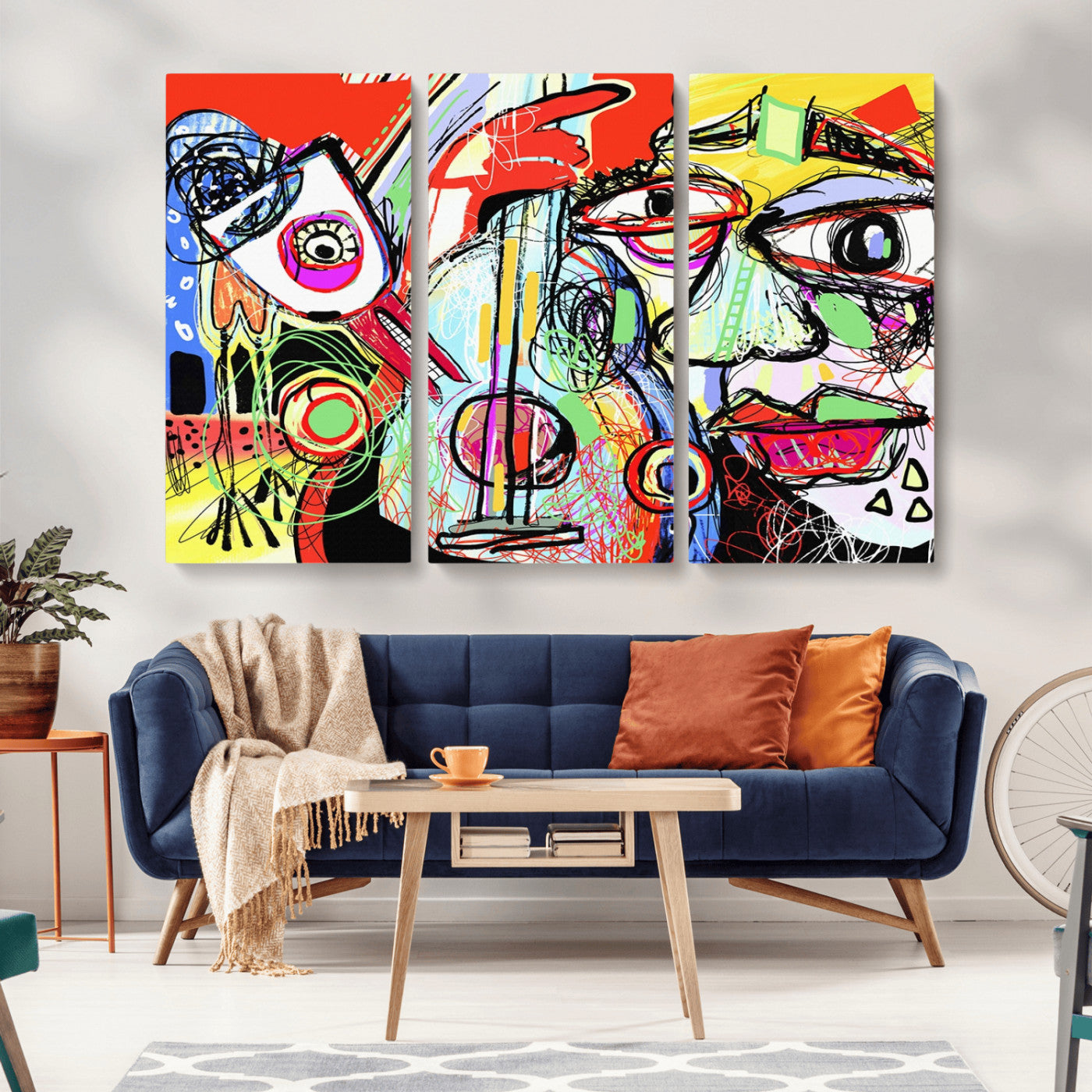 MGV-CV-48X32-3P - Picasso Style Art Abstract Canvas Wall Art Print , Colorful Abstract Artwork