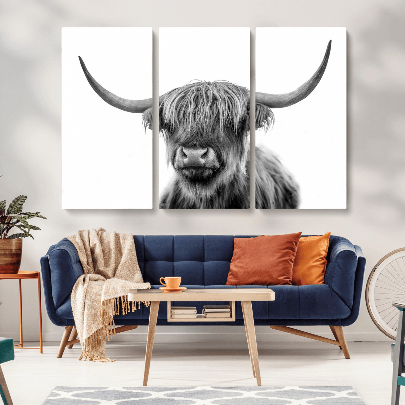 MGV-CV-48X32-3P - Grayscale Scottish Highland Cow Cattle Art Print Farmhouse Wall Art Canvas Print