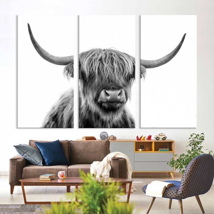 A Scottish Highland Cow Art Canvas adds charm to the farmhouse decor.