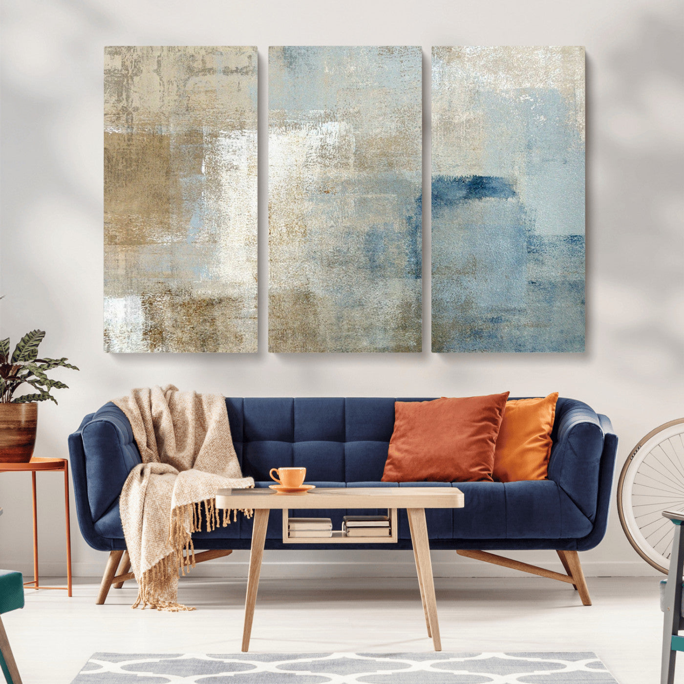MGV-CV-48X32-3P - Abstract Blue and Beige Wall Art, Modern Minimalist Canvas Print Set, Giclee Textured Art, Large Multi-Panel Artwork for Living Room