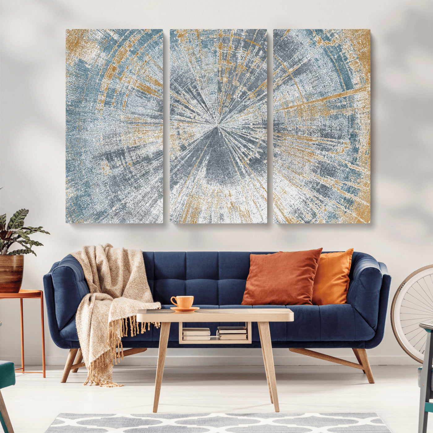 MGV-CV-48X32-3P - Radiant Abstract Wood Rings Canvas Art – Modern Triptych Wall Decor for Living Room or Farmhouse Decor