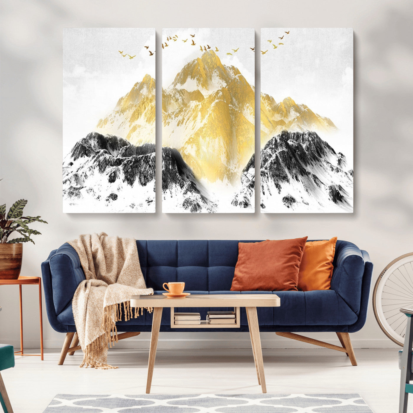 MGV-CV-48X32-3P - Golden Mountain Triptych Wall Art, Modern Giclee Canvas Print, Nature Landscape Decor for Living Room, Contemporary Gold and Black Wall Art