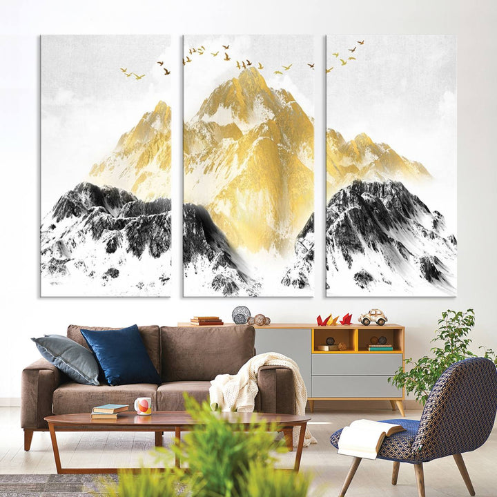 Golden Mountain Triptych Wall Art features gold-tinted mountains and birds.