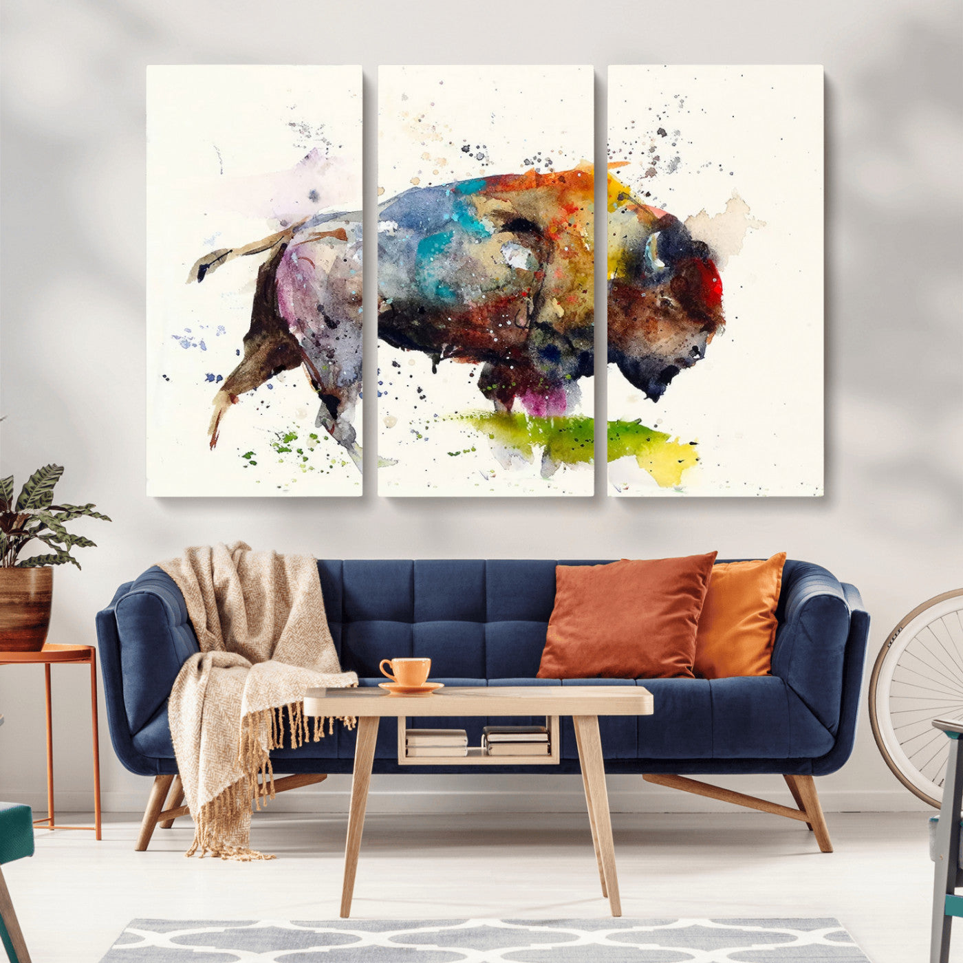 MGV-CV-48X32-3P - Abstract Buffalo Wall Art, Western Watercolor Bison Canvas Print, Rustic Buffalo Art for Cowboy and Western Decor, Large Multi-Panel Giclee Canvas