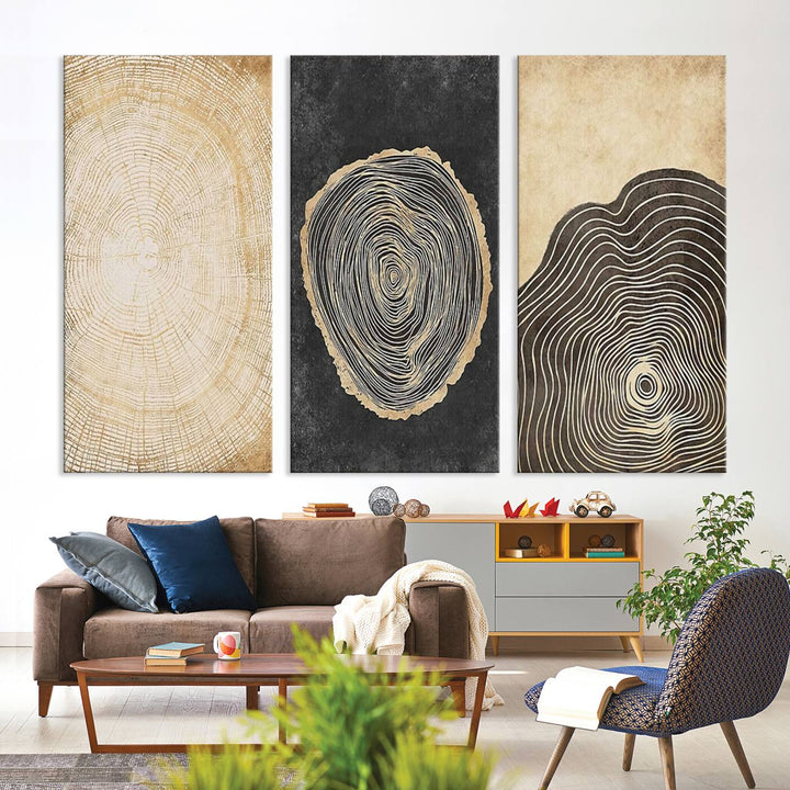 Tree Rings Canvas Wall Art Print hangs prominently in a modern kitchen.