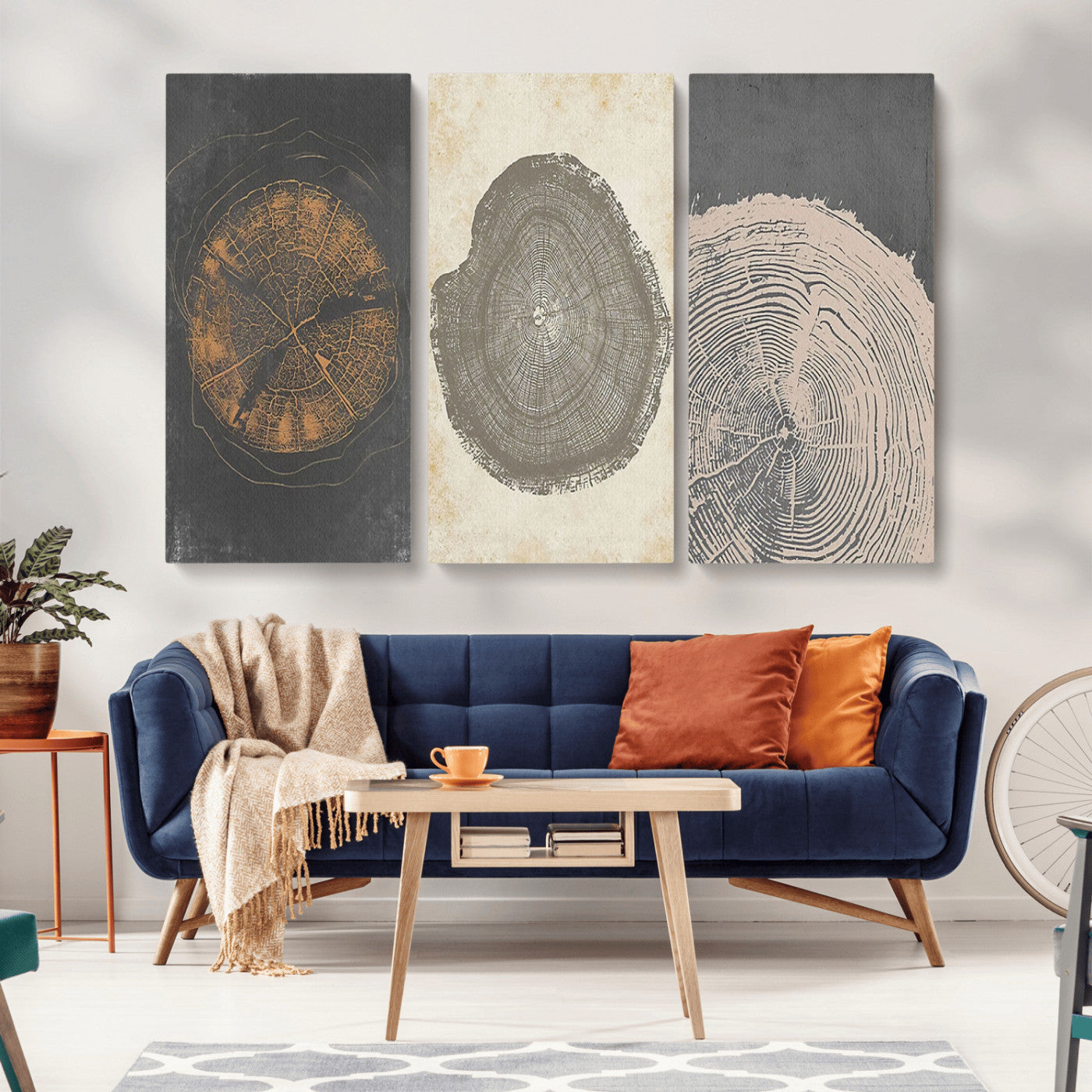 MGV-CV-48X32-3P - Boho Tree Ring Wall Art, Modern Minimalist Wood Grain Canvas, Tree Slice for Rustic Decor, Farmhouse Decor Giclee Canvas Print, Tree Ring Canvas Set
