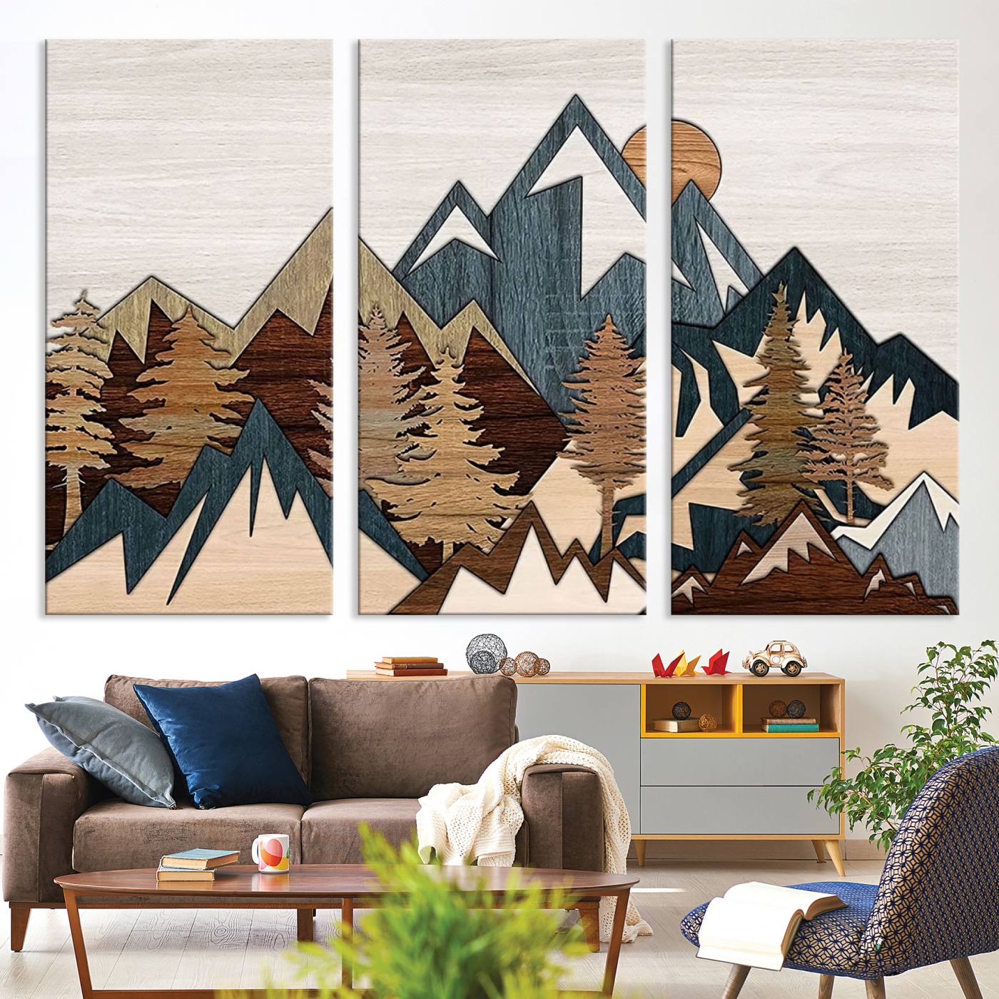 67950-MGV-CV-36X24-Rustic Abstract Wood Panel Effect Canvas Mountain Range Top Wood Wall Art Canvas Print