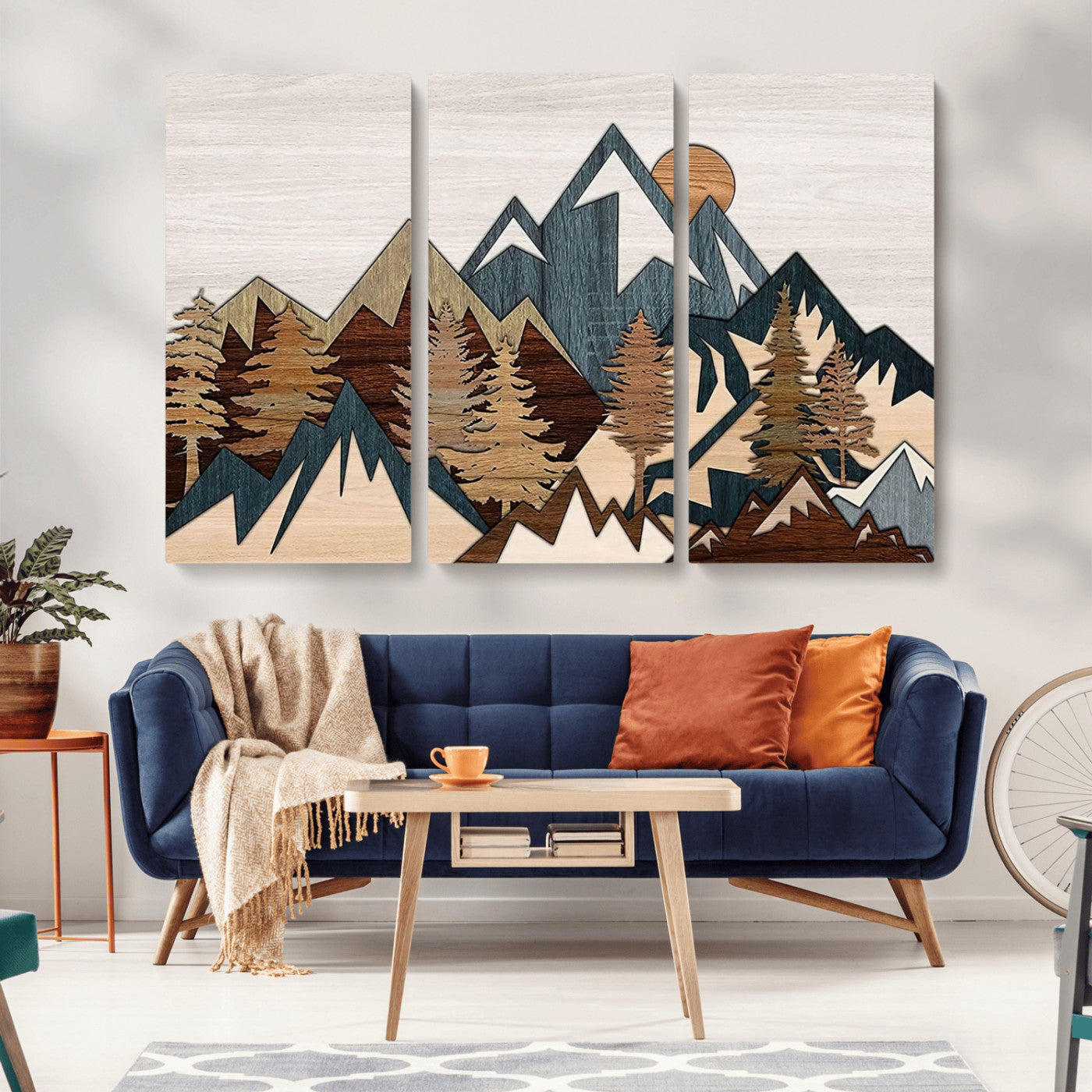-Rustic Abstract Wood Panel Effect Canvas Mountain Range Top Wood Wall Art Canvas Print