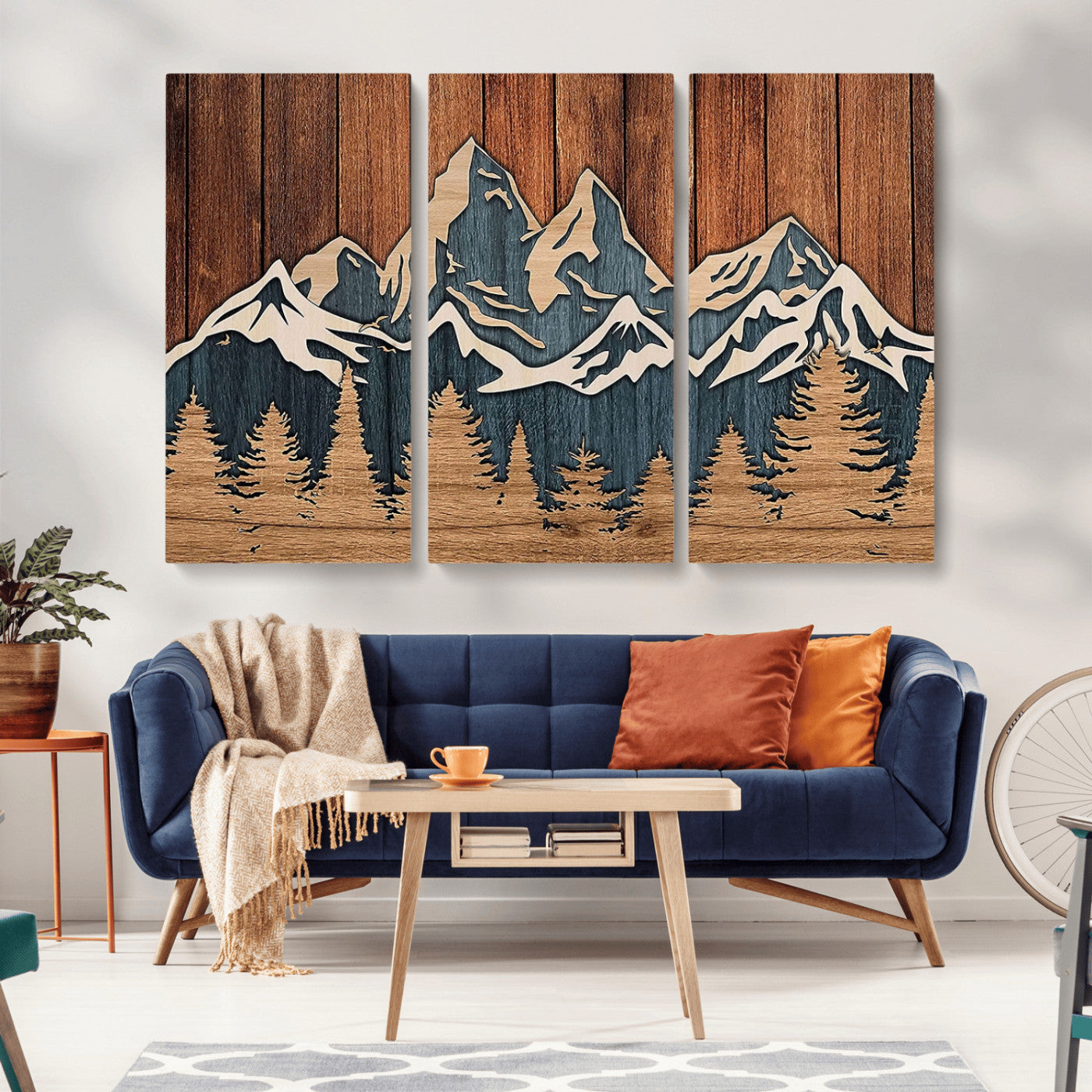 MGV-CV-48X32-3P - Rustic Wood Style Mountain Wall Art, Nature Forest Canvas Print, Wooden Textured Mountain Artwork, Handcrafted Landscape Decor for Farmhouse Decor