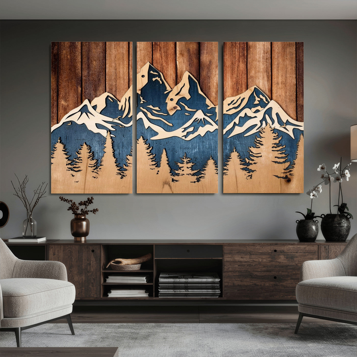 41330-MGV-CV-36X24 - Rustic Wood Style Mountain Wall Art, Nature Forest Canvas Print, Wooden Textured Mountain Artwork Print