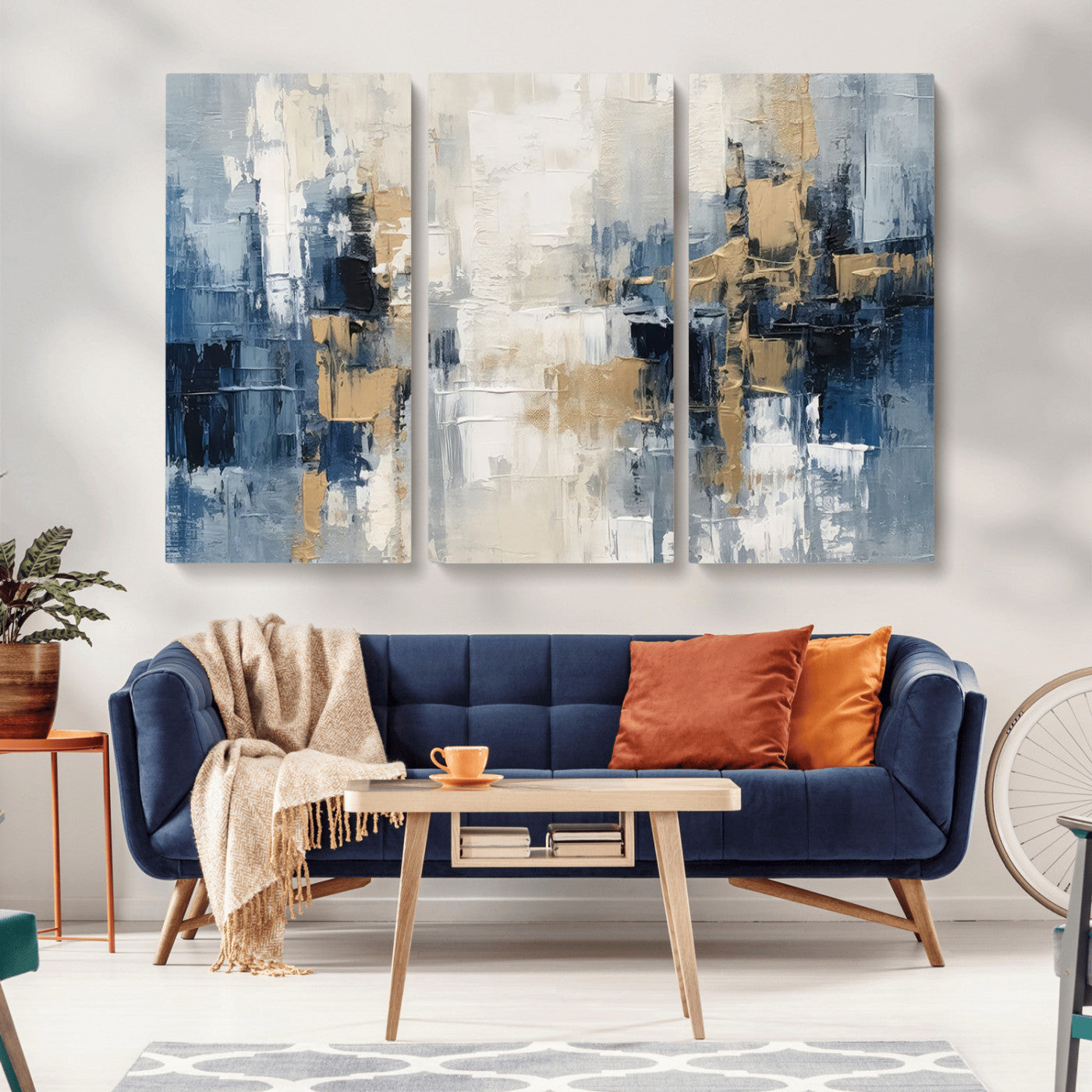 -Modern Abstract Canvas Wall Art in Blue and Gold Tones | Large Contemporary Art for Living Room,