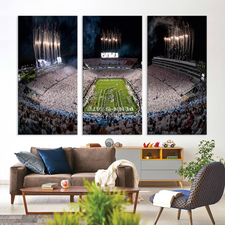 The perfect Penn State Football canvas wall art features a depiction of Beaver Stadium filled with fans in white, with fireworks exploding above.