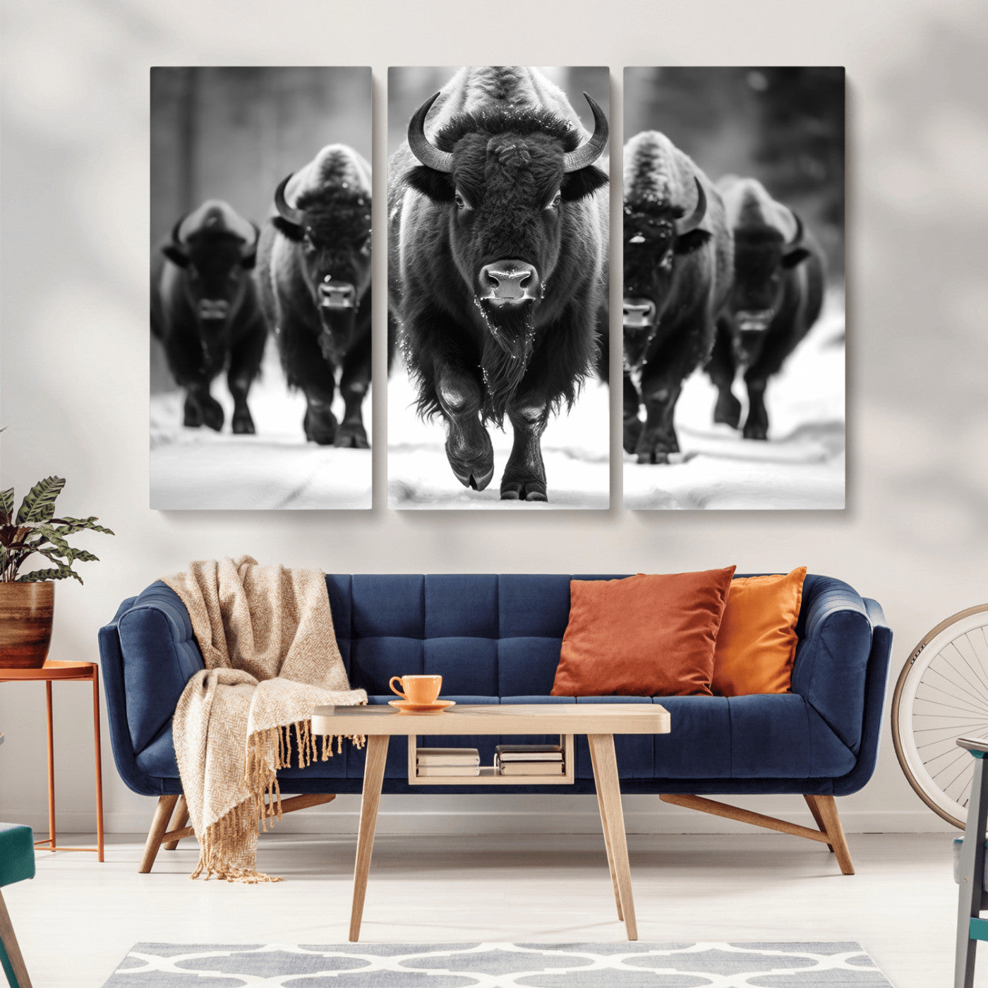 MGV-CV-48X32-3P - American Bison Art | Buffalo Herd Wall Art Canvas Print, BW American Bison Herd Wall Art Canvas Print