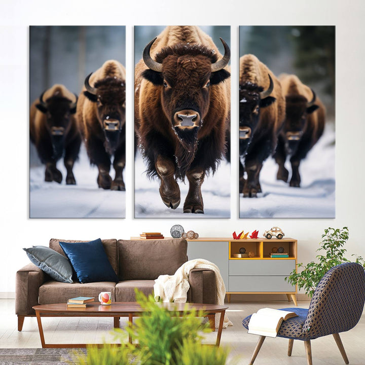 The dining room features an American Bison Herd Canvas Print against the snow.