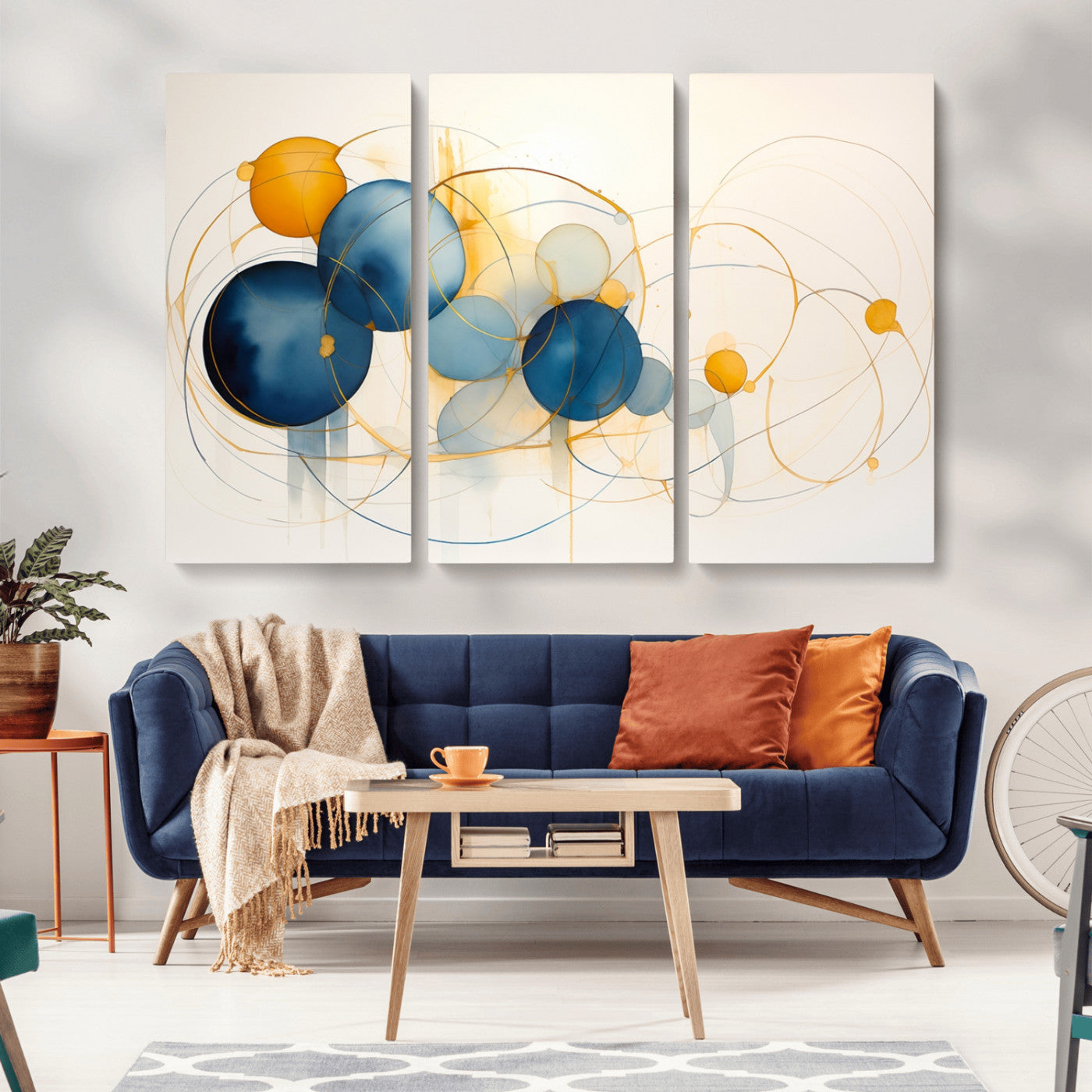 -Geometric Blue Orange Abstract Wall Art Canvas, Geometric Blue Orange Canvas Print