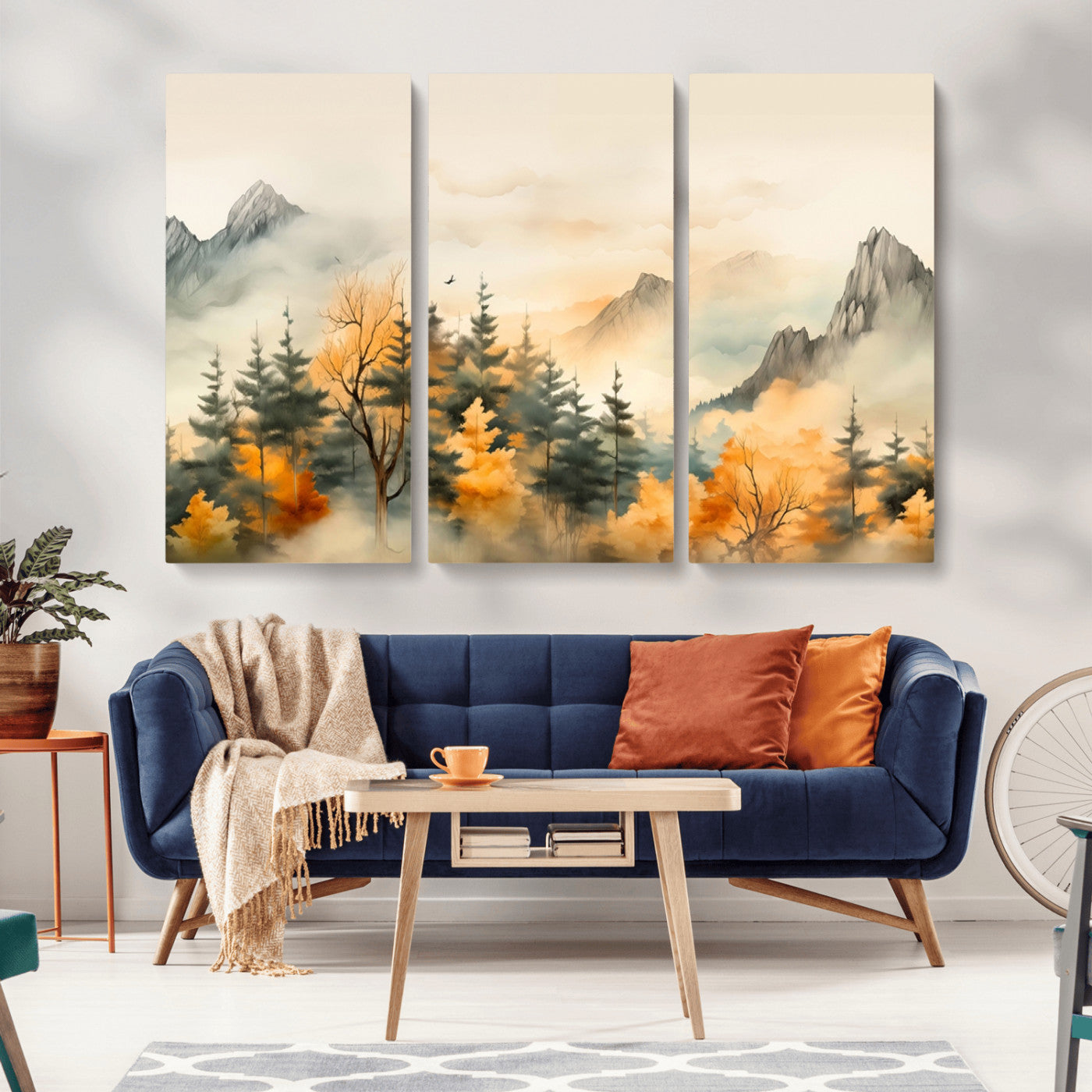 MGV-CV-48X32-3P - Abstract Watercolor Mountains and Trees Autumn Art, Watercolor Mountains and Trees Canvas Print