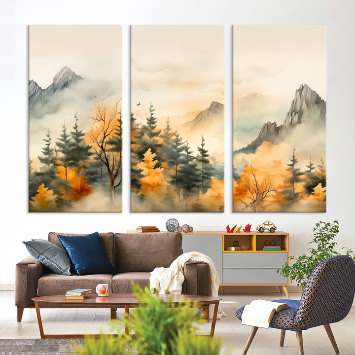 A wall art of Abstract Watercolor Mountains and Trees Autumn on museum-quality canvas.