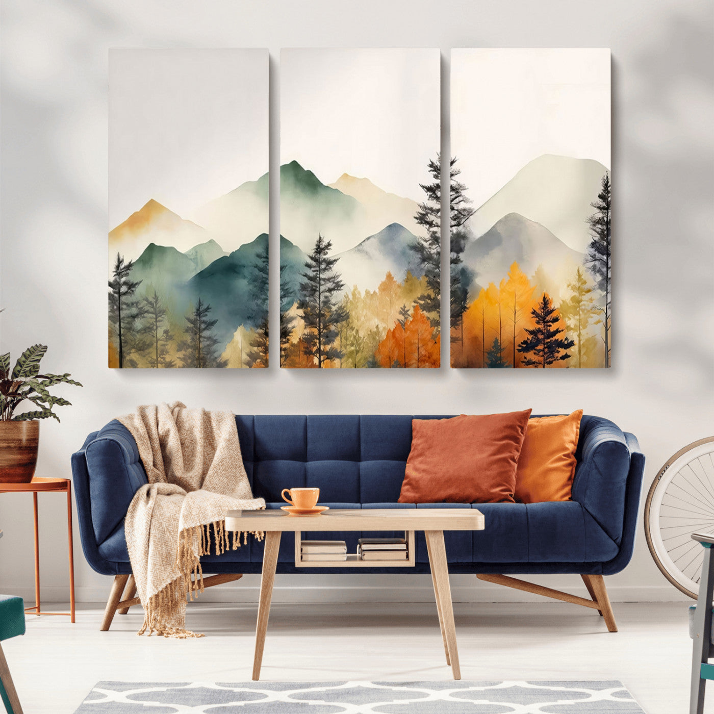 MGV-CV-48X32-3P - Abstract Watercolor Mountains and Trees Autumn Wall Art, Mountains and Trees Autumn Wall Art Canvas