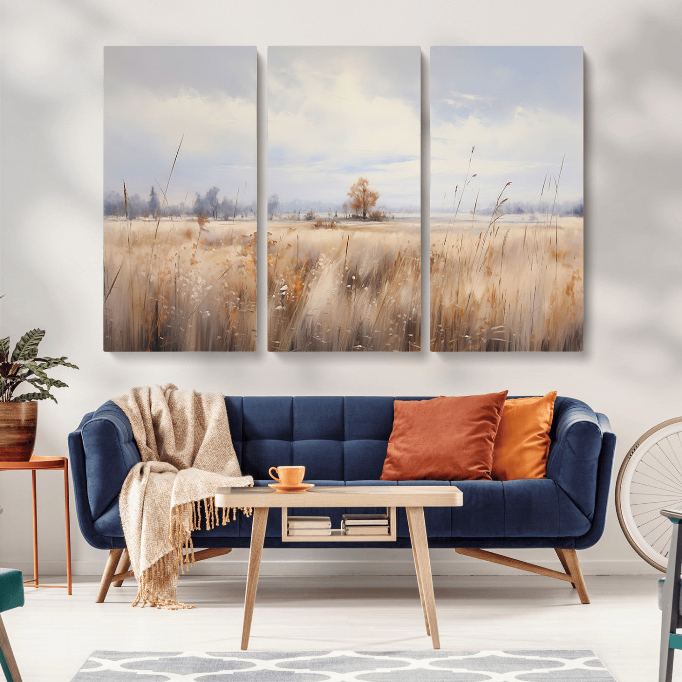 MGV-CV-48X32-3P - Golden Fields Wall Art Print Canvas – Serene Landscape of Nature’s Tranquility in Minimalist for
