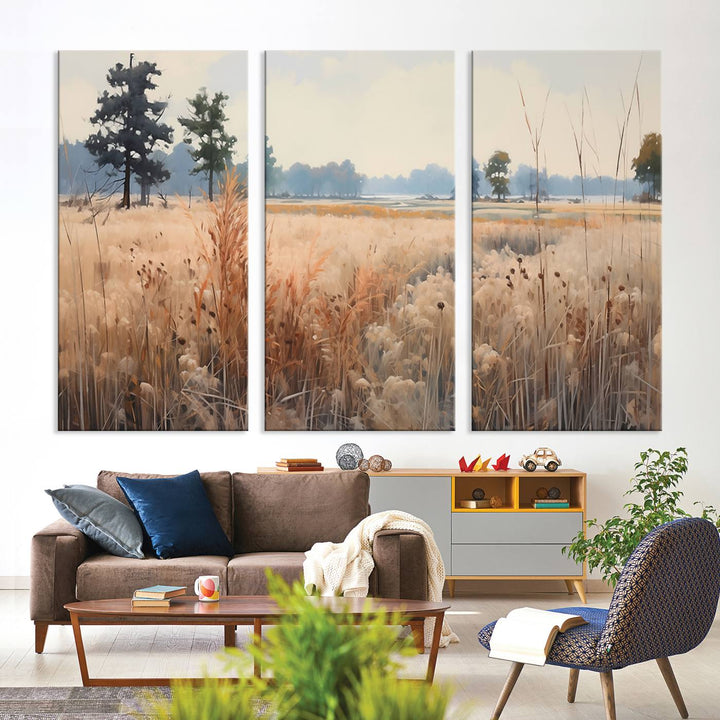 The Golden Fields Canvas Art Print, depicting a serene landscape, adds tranquility with its presence.